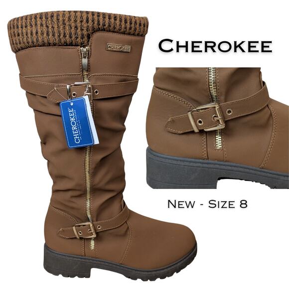 NEW Cherokee Womens Tall Boots 8 Brown Slouchy Knit Cuff Zip Buckle Lug Sole - Picture 1 of 12